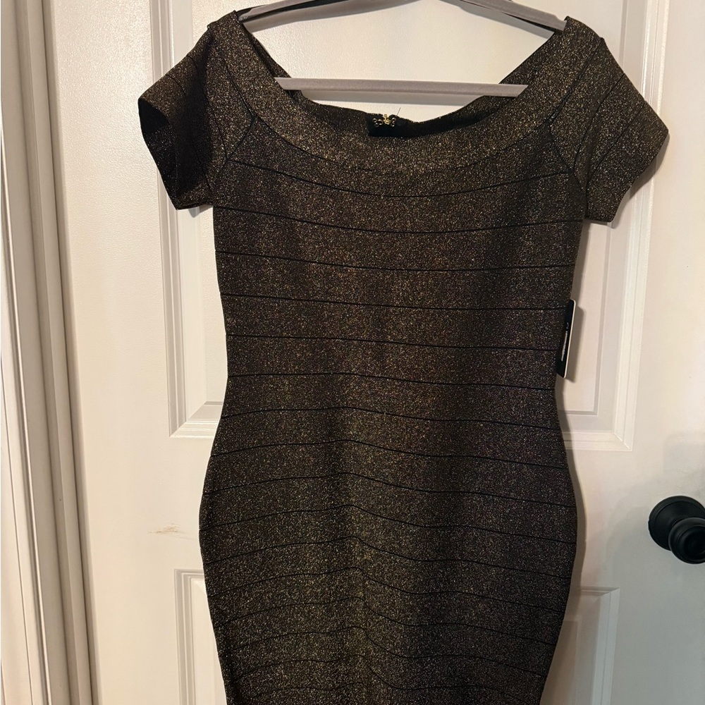 Guess Black and Gold Shimmer Mini Dress, fitted, bodycon